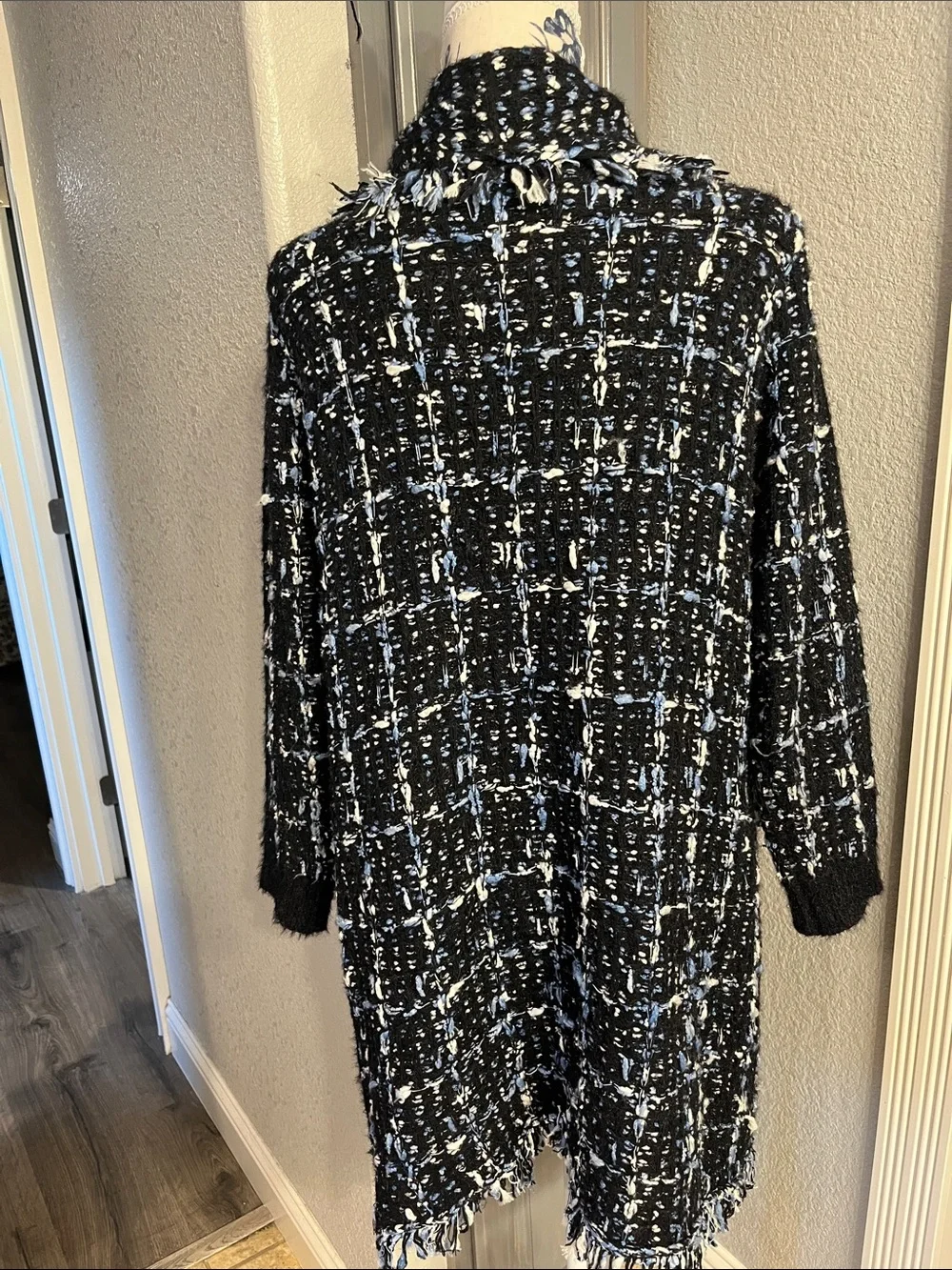 Dolce Cabo Black with Blue and White Fringed Open-Front Cardigan